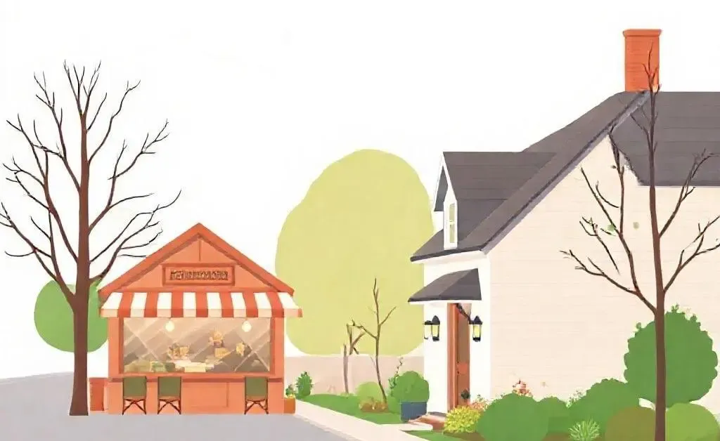 A charming house located next to a small restaurant in a suburban neighborhood