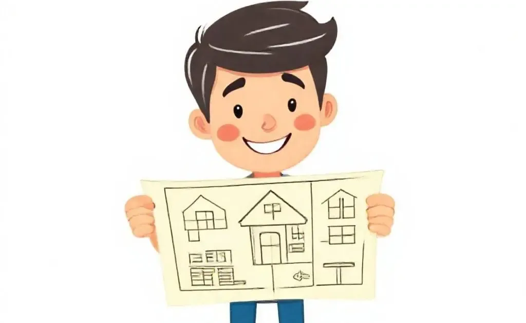 A cartoon person with a house blueprint and an optimistic expression