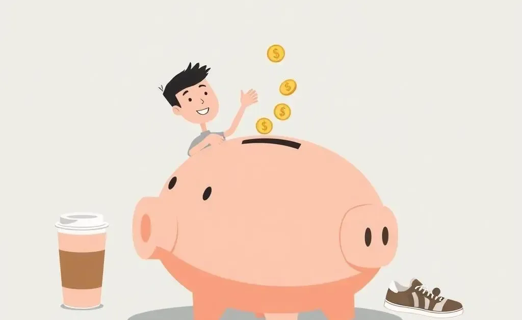 Person tossing coins into a piggy bank with household items around