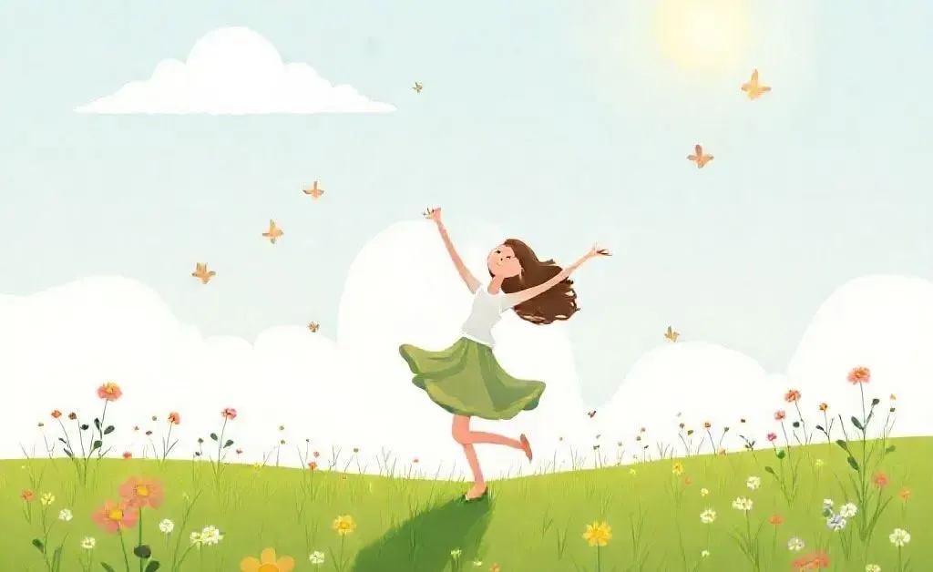 Illustration of a person dancing joyfully in a sunny field