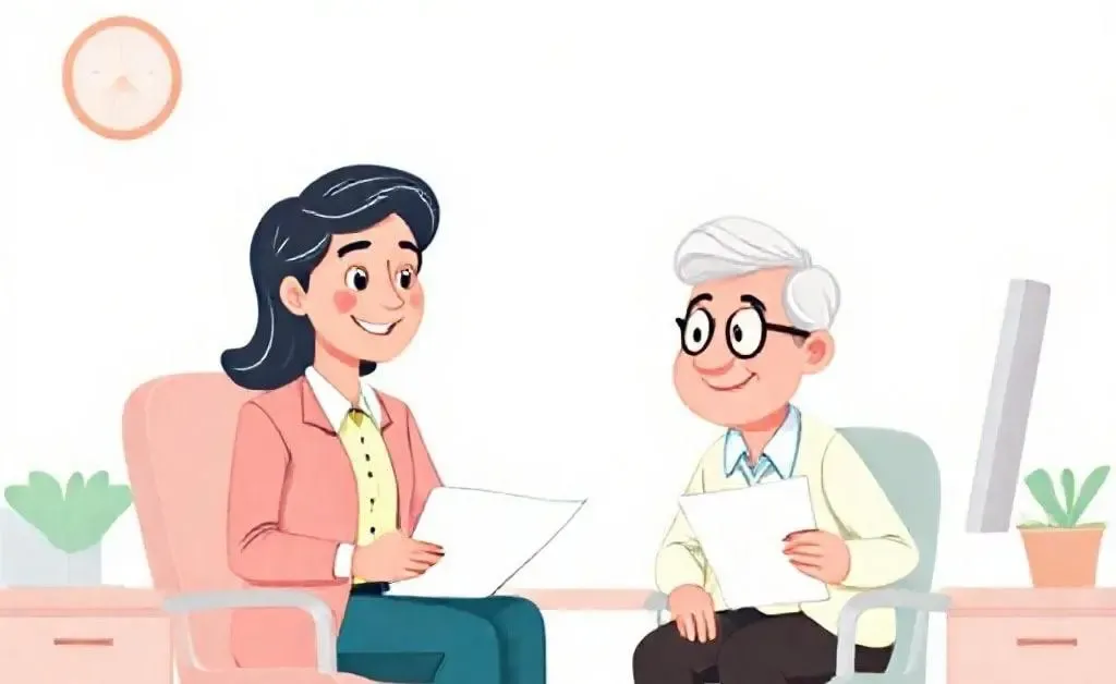 An agent smiling while helping a senior with Medicare documents.