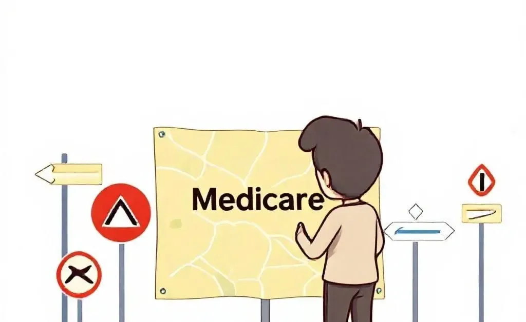 Illustration of a person navigating Medicare options with road signs.