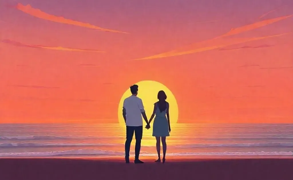 A couple holding hands at a scenic beach during sunset