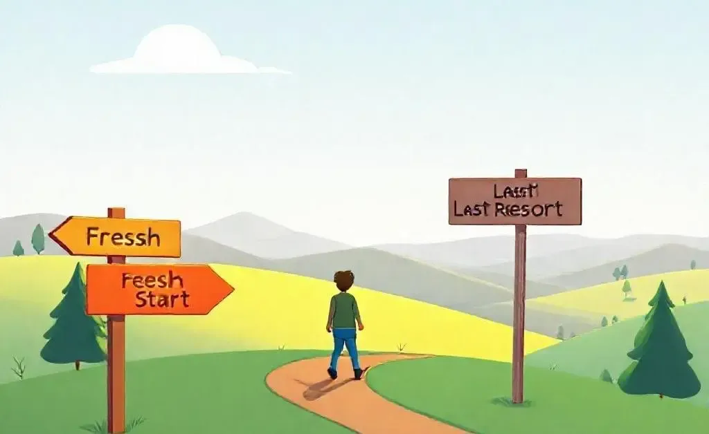 A person at a crossroads deciding between Fresh Start and Last Resort