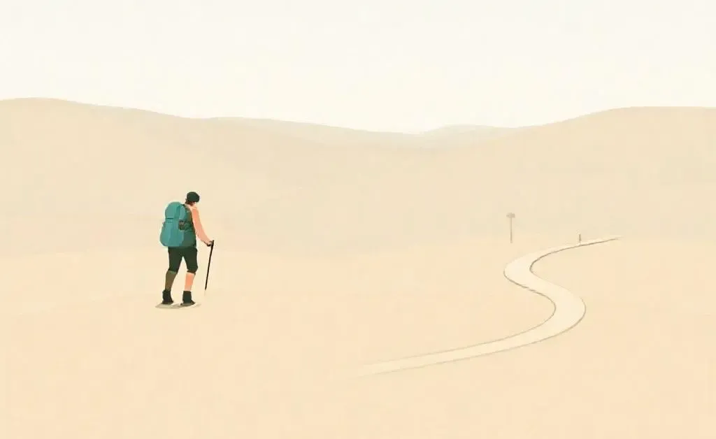 A cartoon illustration of a hiker deciding which path to take on a winding road, symbolizing market uncertainties.