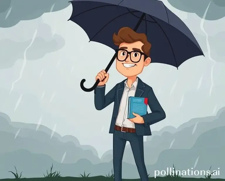 A person confidently facing financial uncertainty with a guide and umbrella.