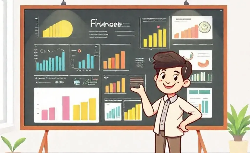 Cartoon illustration of a person explaining personal finance on a chalkboard