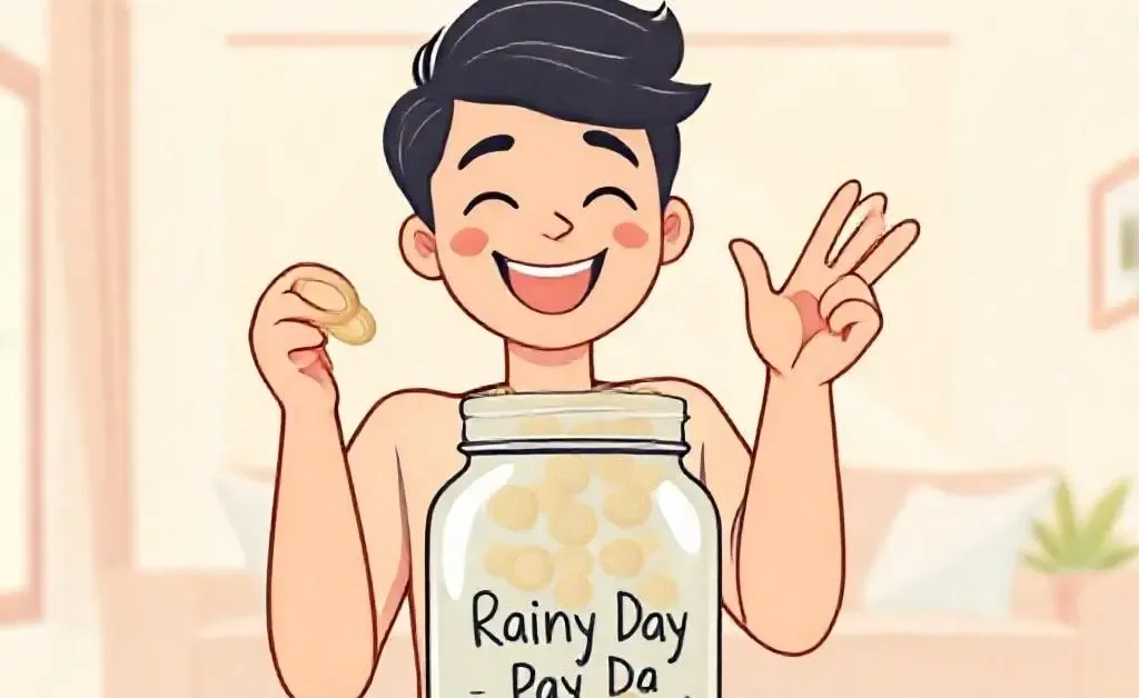 Person saving coins into a Rainy Day Fund jar