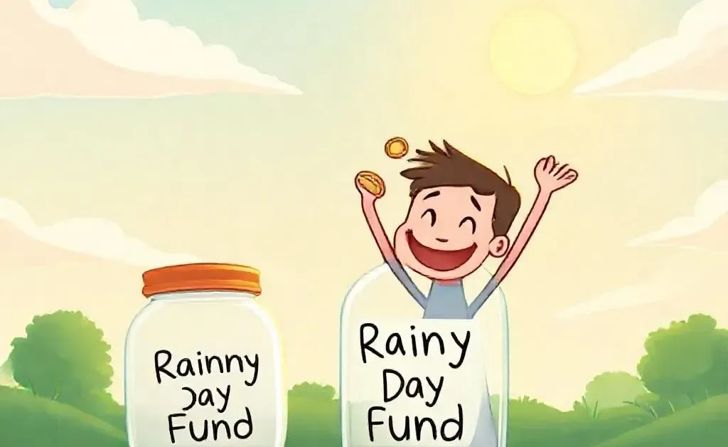 Person saving money into a jar labeled 'Rainy Day Fund'