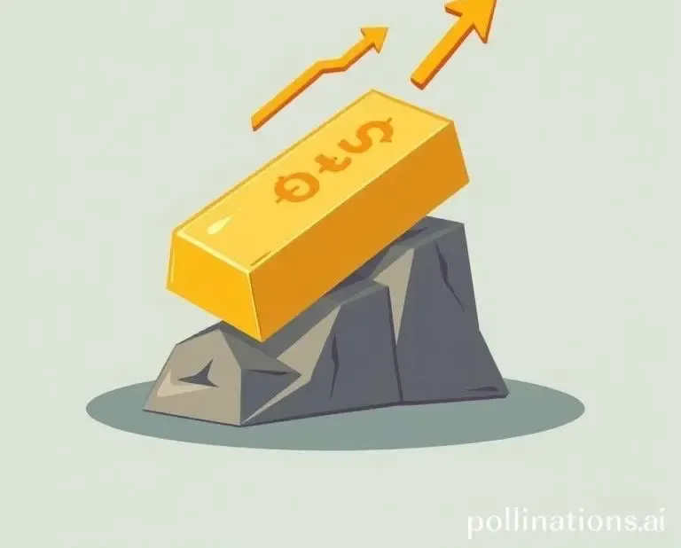 Cartoon image of a gold bar with ascending arrows and dollar signs