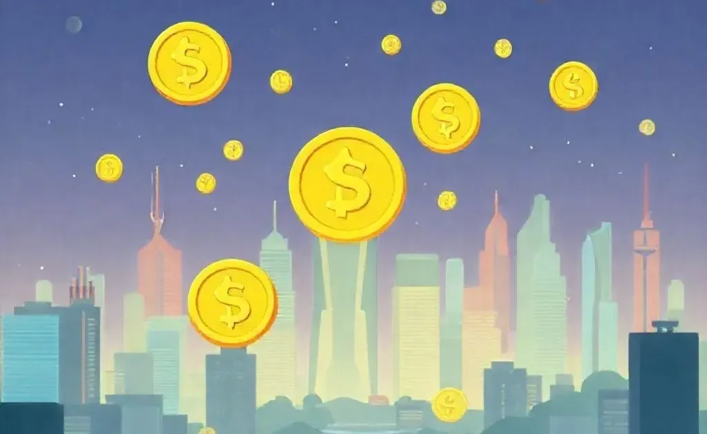 Illustration of a digital city with floating stablecoins