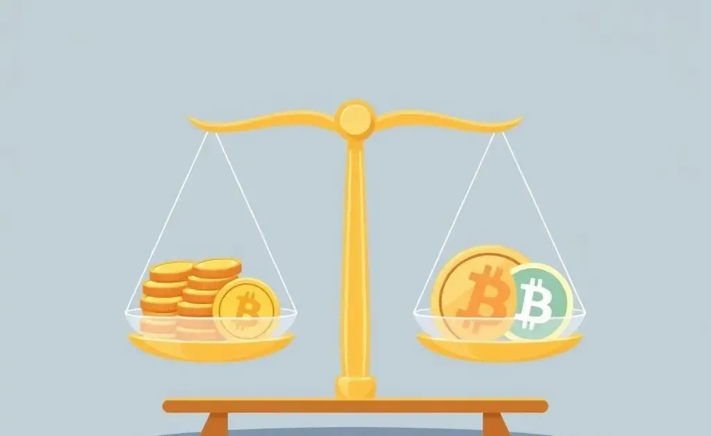 Balancing scale with coins and digital currency symbols