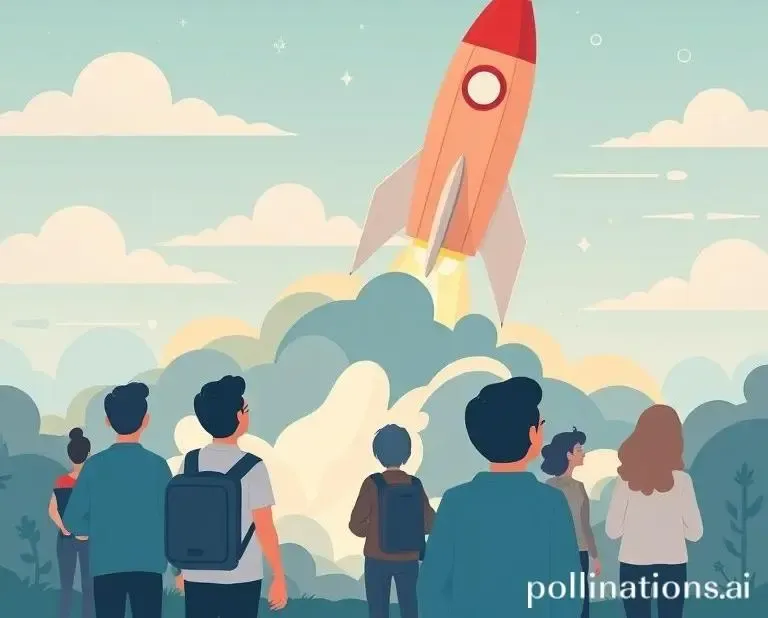 Illustration of tech success as a rocket with people inspired in the foreground.