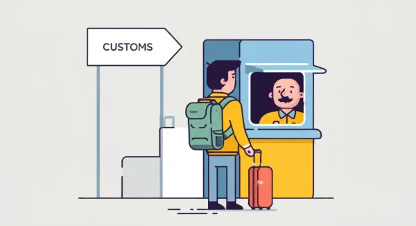 Cartoon-style image of a traveler at a European customs checkpoint