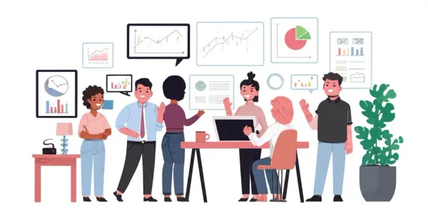 Cartoon of people discussing stock charts in a modern office space