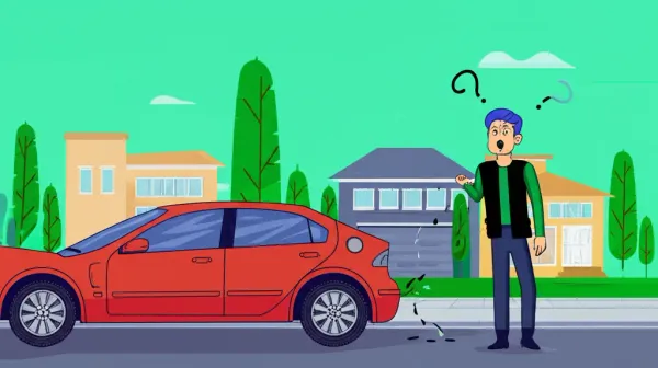 Person standing next to a dented car in a neighborhood