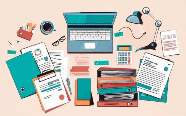 A busy insurance underwriter's desk with paperwork and a laptop