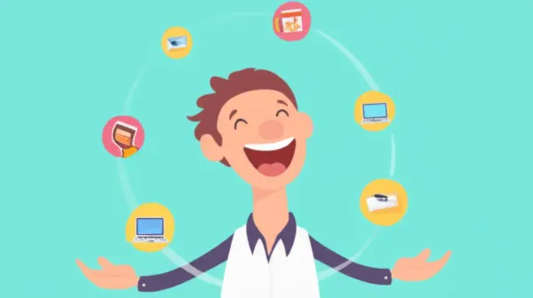 A person joyfully juggling tasks in a colorful, cartoon-style illustration.