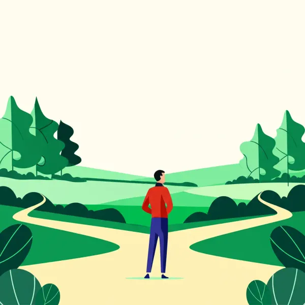 A person at a crossroads deciding their career path