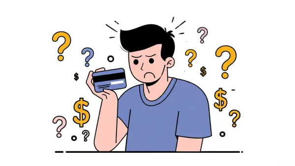 Young person holding a credit card with a puzzled expression