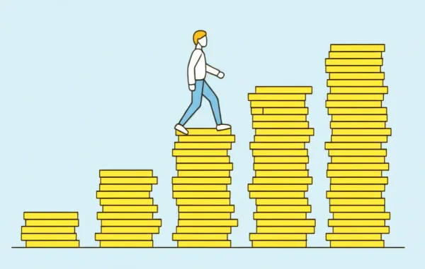 Person climbing a staircase made of coins