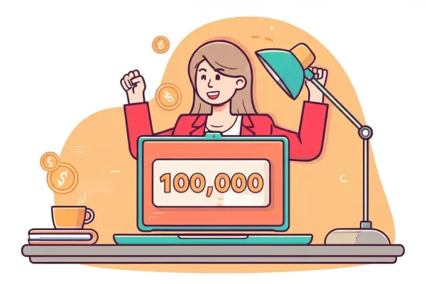 Young woman celebrating financial success at her desk with a laptop