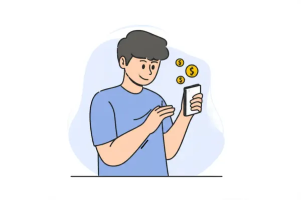 A young person looking at a phone with dollar signs floating around