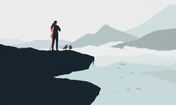 A drawing of two figures on a cliff overlooking a foggy landscape, symbolizing uncertainty.