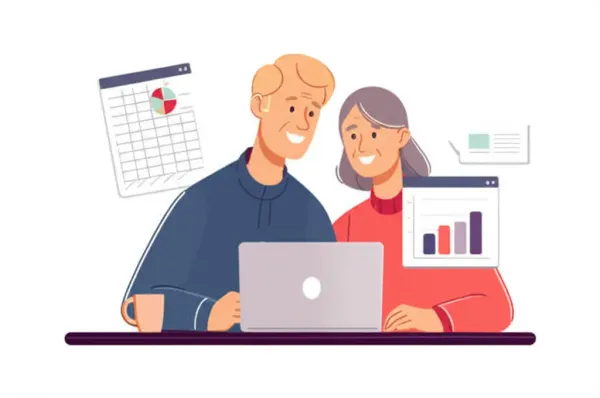 Elderly couple planning finances with a laptop