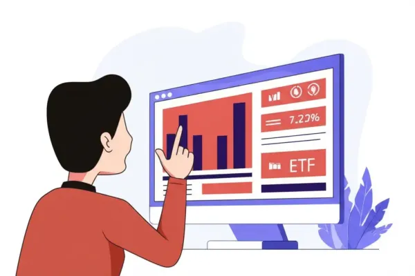 A cartoon-style illustration of a person investing in ETFs