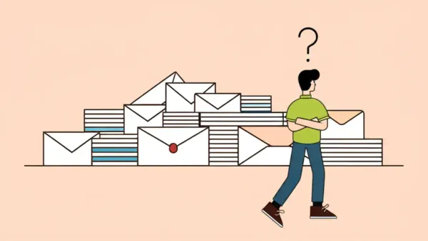 Person puzzled by pile of mail and magazines