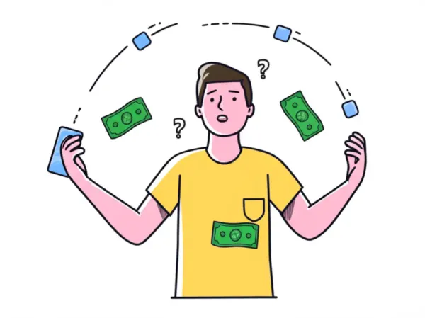 Person juggling money, bills, and a phone, puzzled yet amused