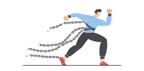 A person breaking free from chains, symbolizing freedom from routine