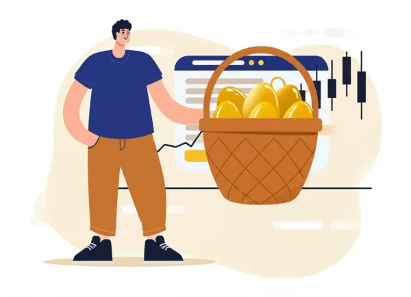 Person holding a basket of golden eggs with stock market charts.