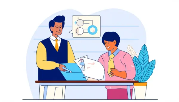 Illustration of an insurance agent helping a customer with paperwork