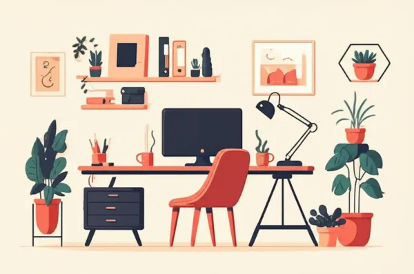 A modern and organized home office space with a computer and plants.