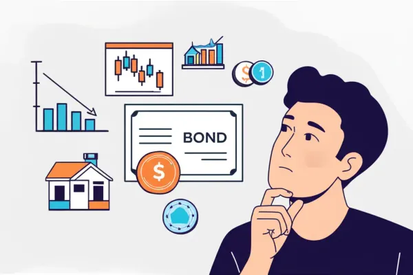 Person examining investment options like stocks, real estate, and bonds in a cartoon style