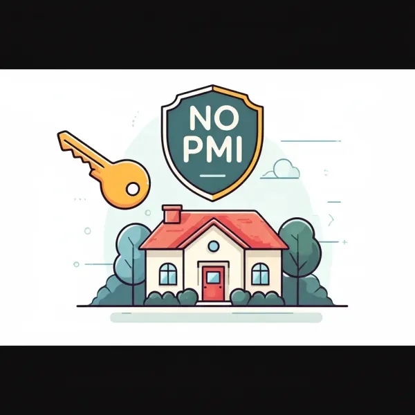 Illustration of a house key unlocking a home with a shield labeled 'No PMI'.