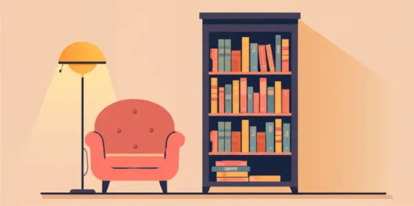 Decorative cozy reading nook with armchair and bookshelf