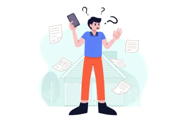 Confused person holding phone with papers and house in background