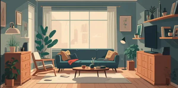 A serene and peaceful living room with a calm ambiance