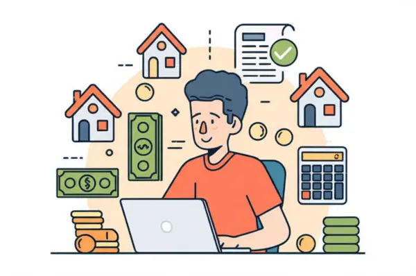 Person using a laptop for mortgage calculations in a cartoon style