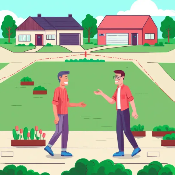 Neighbors discussing a property line with houses and garden