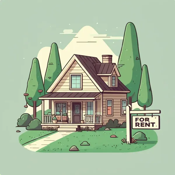 A cozy rental property with a 'For Rent' sign