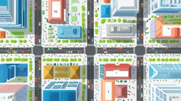 An aerial view of a modern bustling city