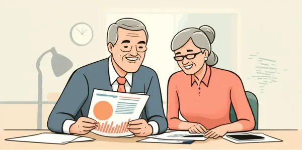 An older couple reviewing financial charts at a table.