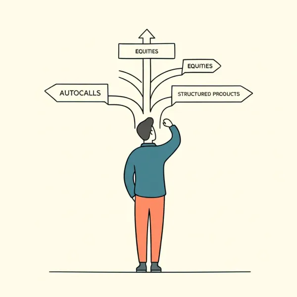 A cartoon-style illustration of a person choosing between investment paths labeled 'Autocalls' and 'Structured Products'.