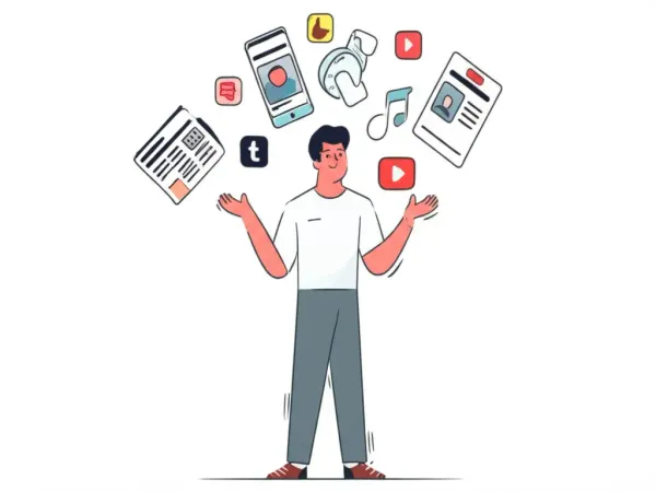 A cartoon of a person managing multiple subscription icons