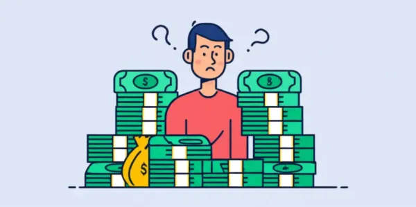 Person looking confused with money around them