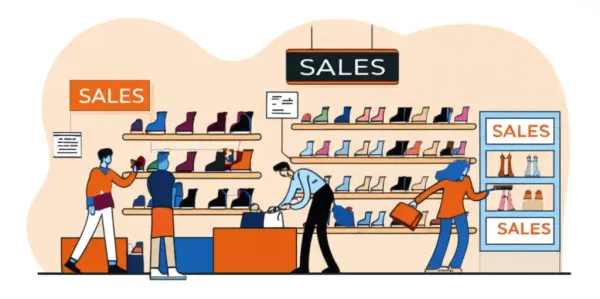 A bustling retail store with changing sales figures